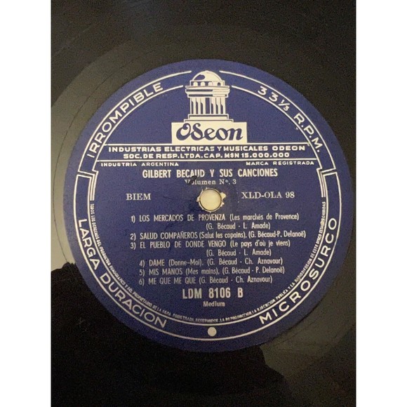 Gilbert Becaud Y Sus Canciones Volumen 3 LP Odeon LDM 8106 Argentina VG - Picture 9 of 9